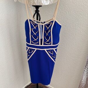 Fashion Nova Royal Blue Lace-Up Bodycon Dress with Cream Trim